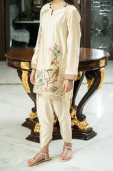 Ivory Kurta Set with Multicolor Embroidered Birds & Florals