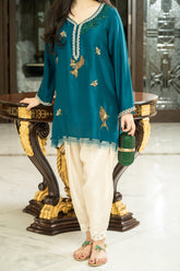 Elegant Teal Embroidered Kurti with Ivory Trousers