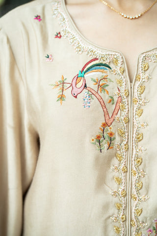 Ivory Kurta Set with Multicolor Embroidered Birds & Florals