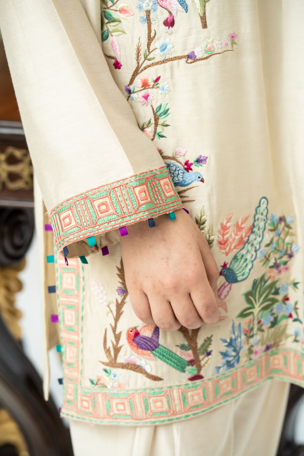 Ivory Kurta Set with Multicolor Embroidered Birds & Florals