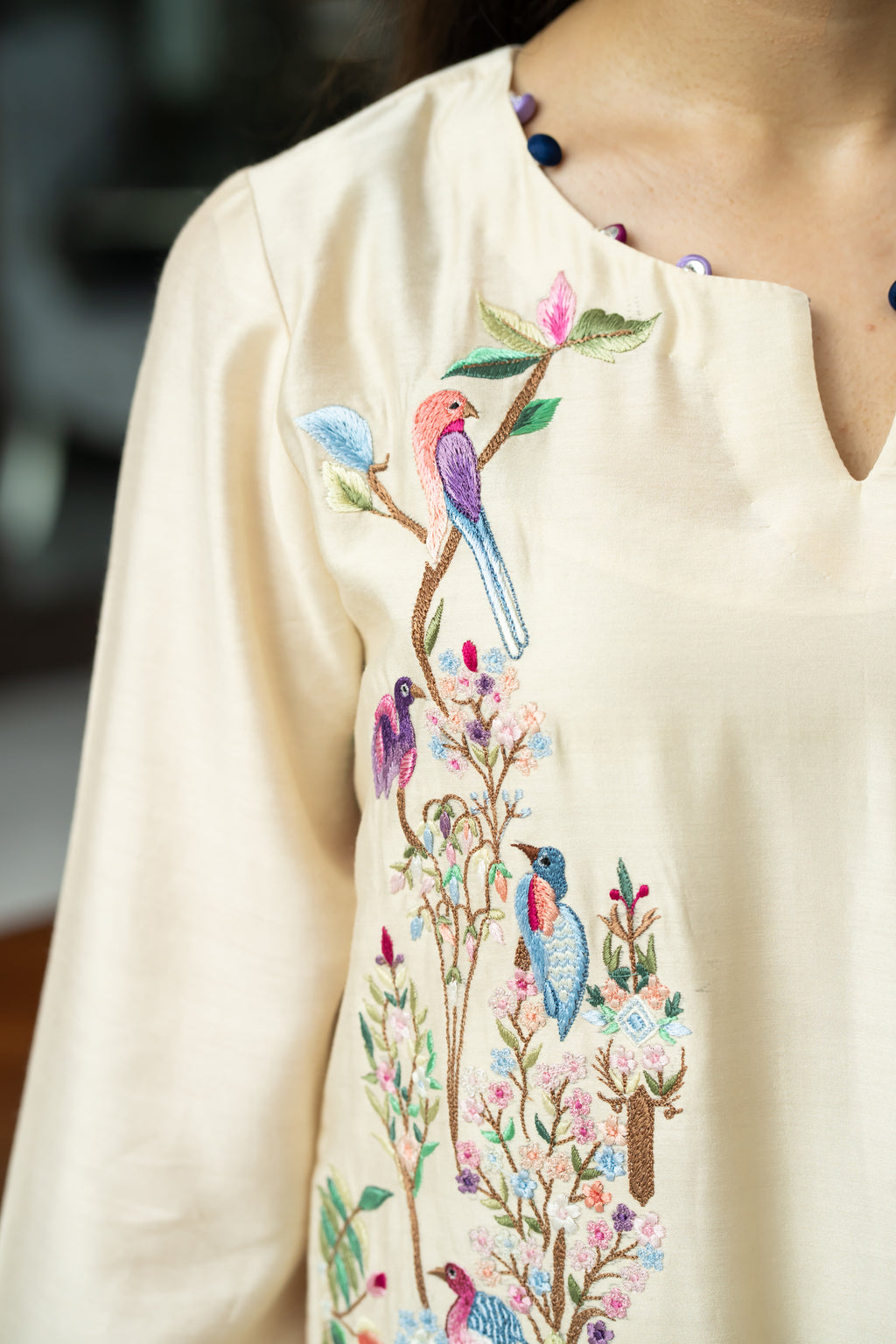 Ivory Kurta Set with Multicolor Embroidered Birds & Florals