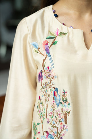 Ivory Kurta Set with Multicolor Embroidered Birds & Florals