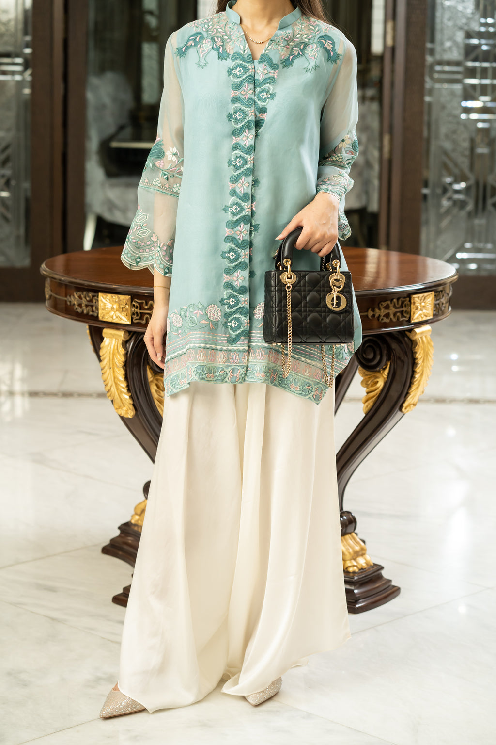 Elegant Aqua Embroidered Kurta Set with Ivory Palazzo