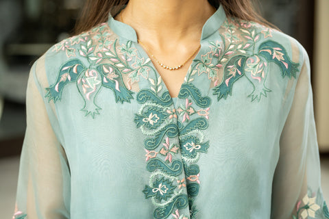 Elegant Aqua Embroidered Kurta Set with Ivory Palazzo