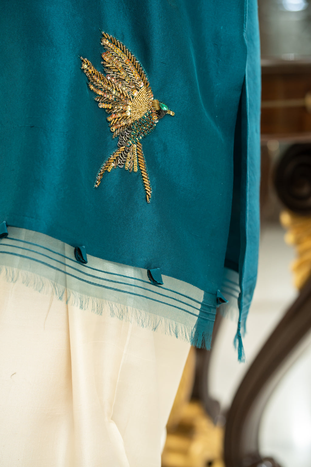 Elegant Teal Embroidered Kurti with Ivory Trousers
