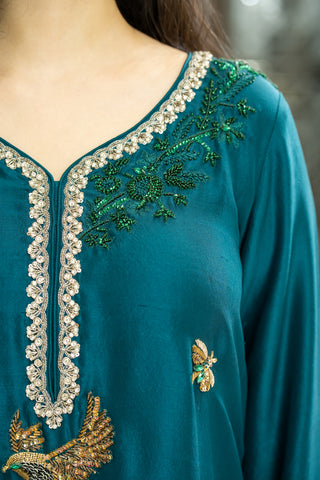 Elegant Teal Embroidered Kurti with Ivory Trousers