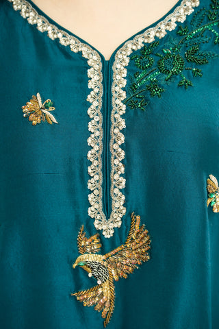 Elegant Teal Embroidered Kurti with Ivory Trousers