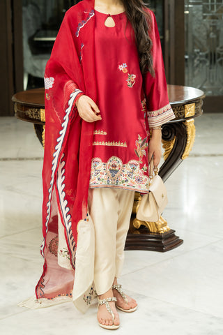 Fuchsia Pink Embroidered Kurta with Ivory Palazzo