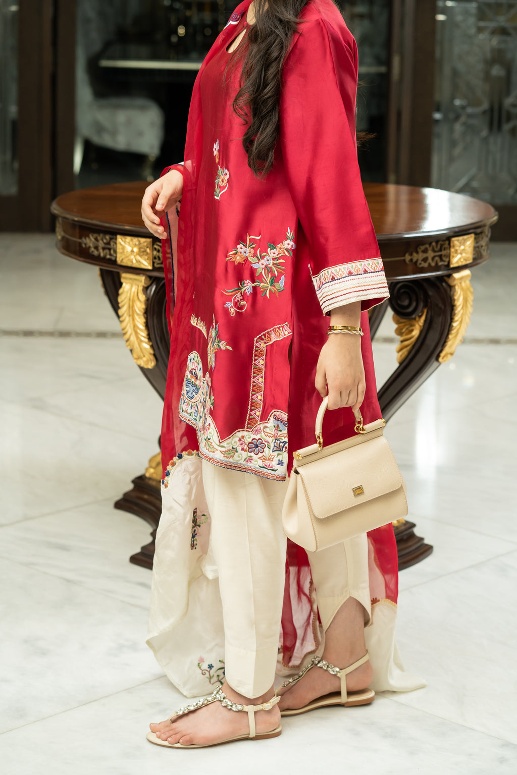 Fuchsia Pink Embroidered Kurta with Ivory Palazzo