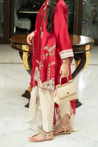 Fuchsia Pink Embroidered Kurta with Ivory Palazzo