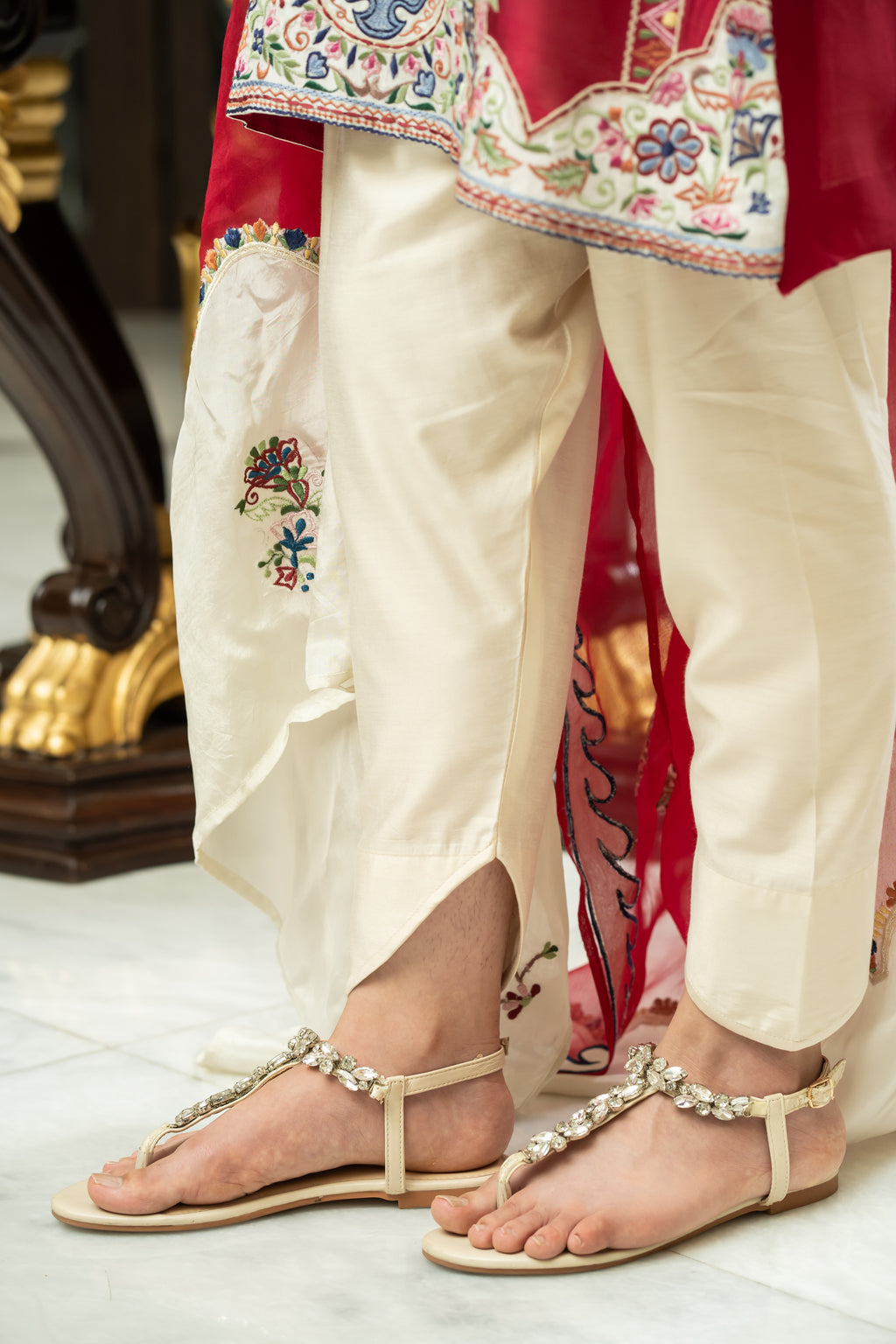 Fuchsia Pink Embroidered Kurta with Ivory Palazzo