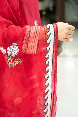 Fuchsia Pink Embroidered Kurta with Ivory Palazzo