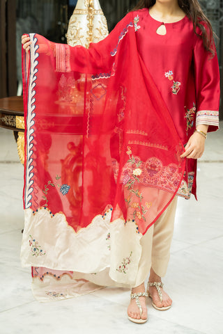 Fuchsia Pink Embroidered Kurta with Ivory Palazzo