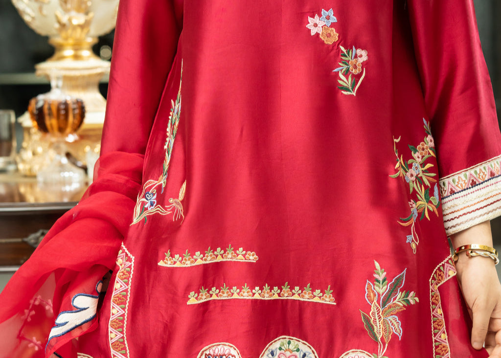 Fuchsia Pink Embroidered Kurta with Ivory Palazzo