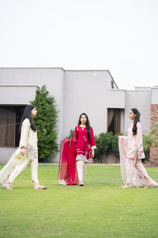 Fuchsia Pink Embroidered Kurta with Ivory Palazzo