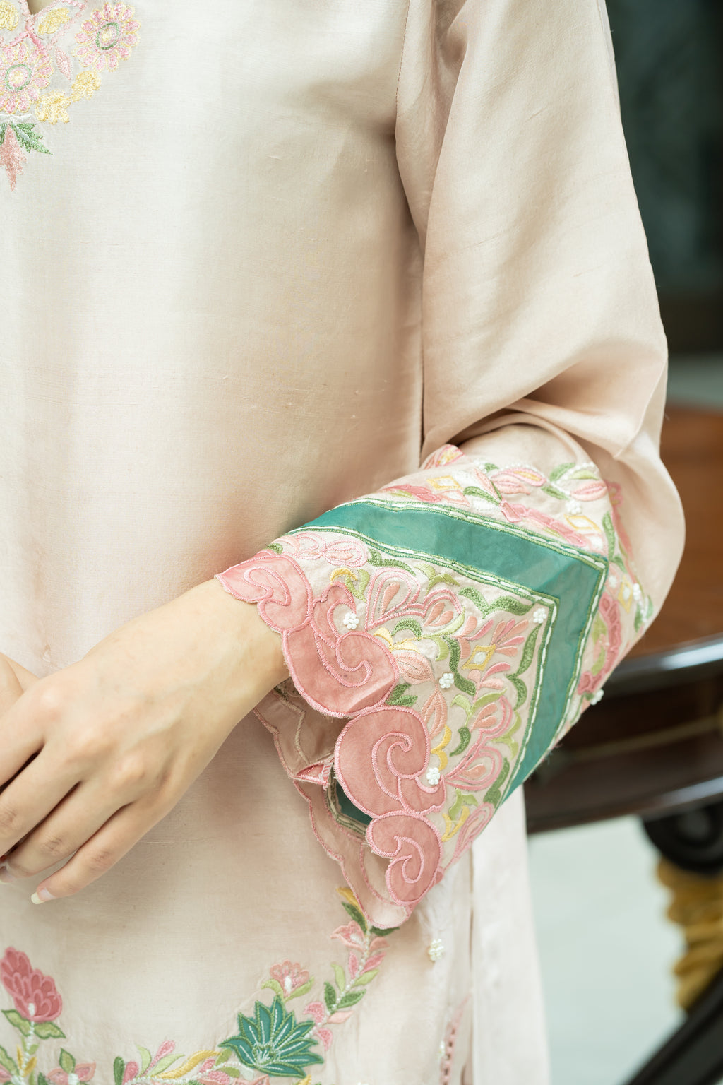Blush Garden – Soft Pink Embroidered Three-Piece Suit
