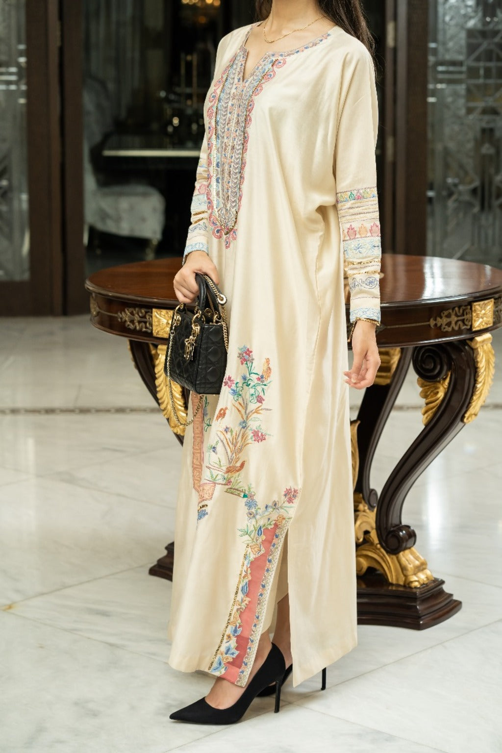 Regal Ivory – Luxe Embroidered Kaftan Dress