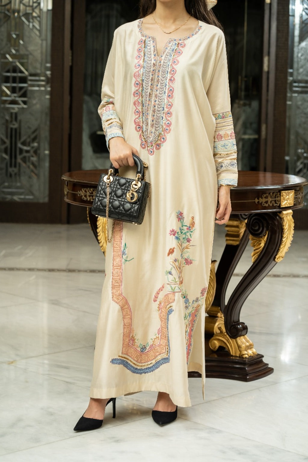 Regal Ivory – Luxe Embroidered Kaftan Dress