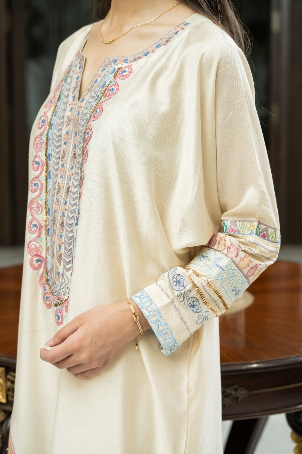 Regal Ivory – Luxe Embroidered Kaftan Dress